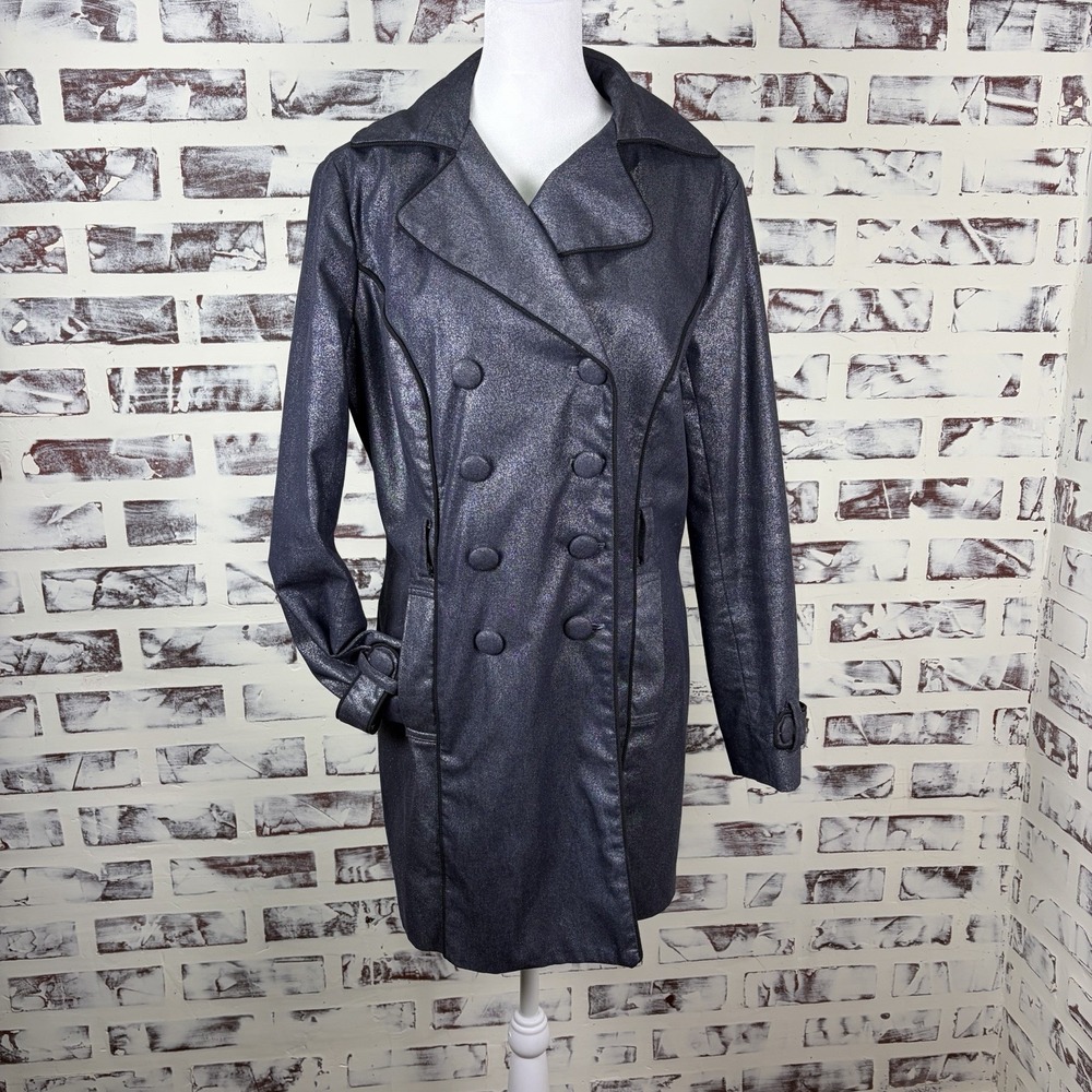 Sharif Couture 1827‎ Woman's Trench Coat Size S Silver Metallic Club Ware Goth